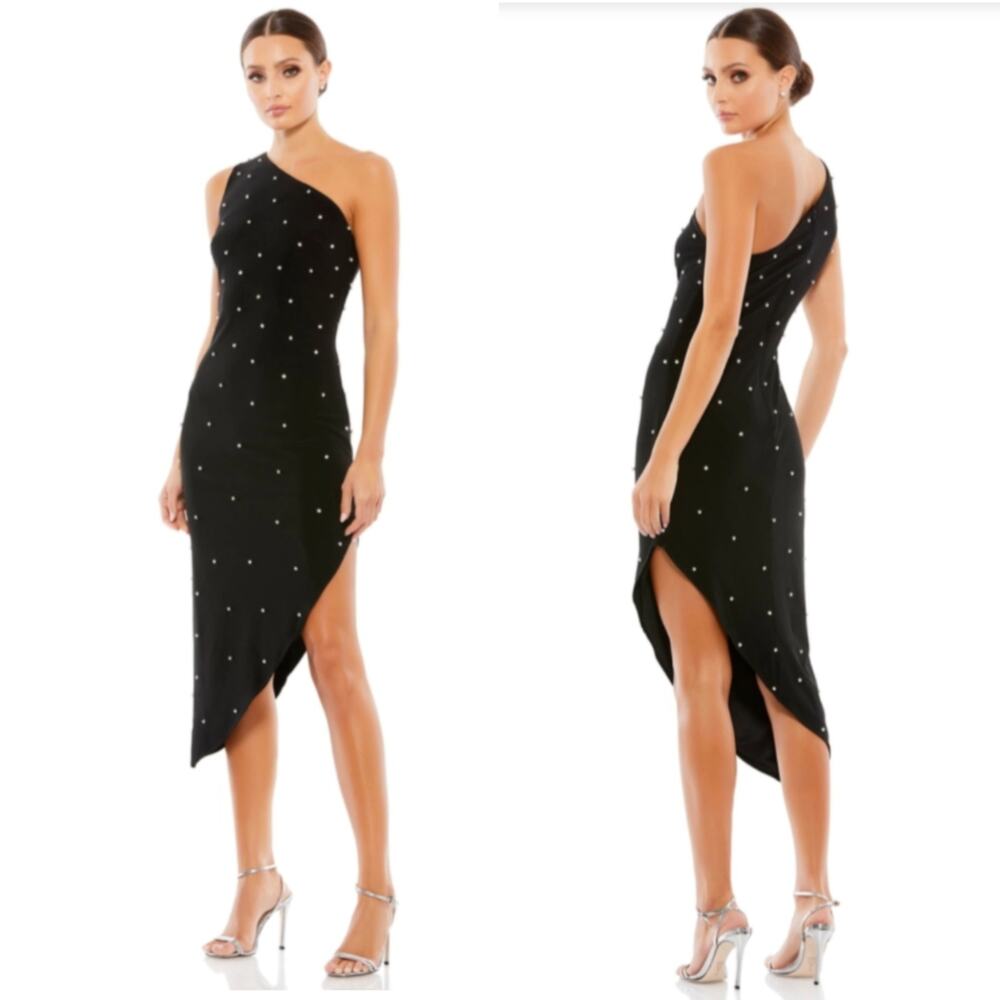 Black Rhinestone One Shoulder Asymmetrical Midi Dress Slit Baddie Glam 12 NWT